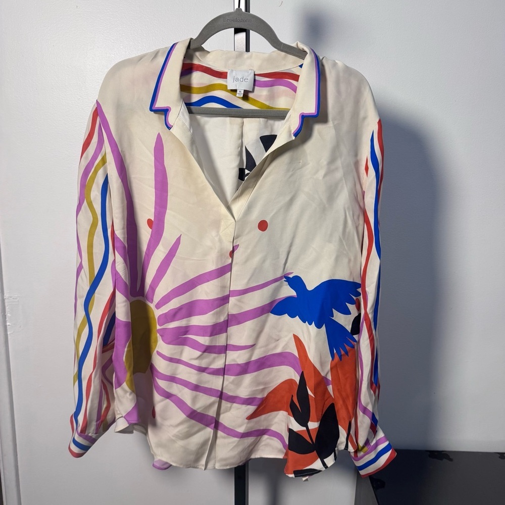 Jade for Johnny Was Button-Up Blouse — Cream with Multicolor Graphic Print XL